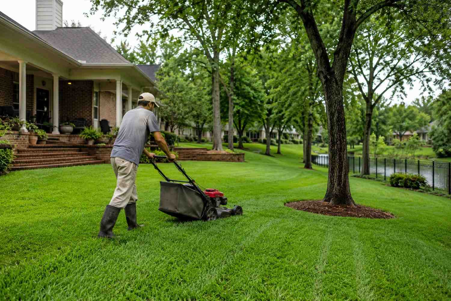 photo of a man lawn his green wet lawn