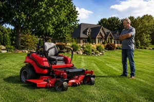 man looking at his red lawn mower